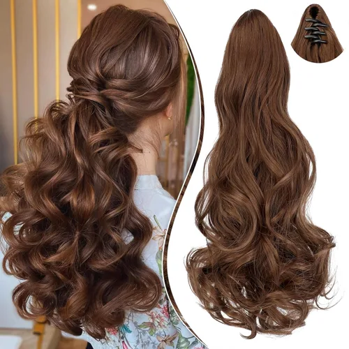 Miniatura 15 de Extensión de cola de caballo de 18 pulgadas, rizado, ondulado, con clip, extensiones de cabello largo sintético para mujer, color marrón claro