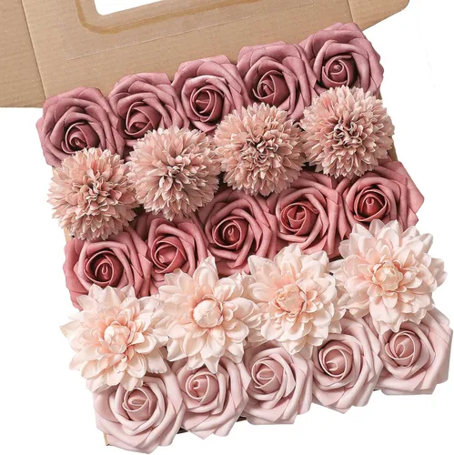 Miniatura 19 de rongflower Flores artificiales de aspecto real, color rosa polvoriento, rosas falsas de espuma con tallos, 25 piezas para bricolaje, bodas, Rosa