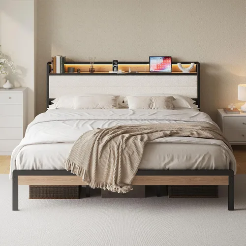 Miniatura 14 de LIKIMIO Base de cama individual con cabecera de almacenamiento y luces LED, plataforma de metal con estación de carga, sin ruido, no necesita