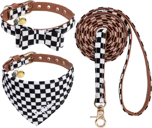 Miniatura 7 de PUPTECK Juego de collar y bandana para perro, paquete de 3 pinzas ajustables para el pelo de mascotas con pajarita y campanas, piel sintética suave