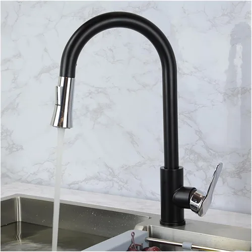 Grifos del mezclador de la cocina Negro Color Negro Material de acero inoxidable Agua fría y caliente Dos modos Agua hacia fuera 23.6 in Manguera