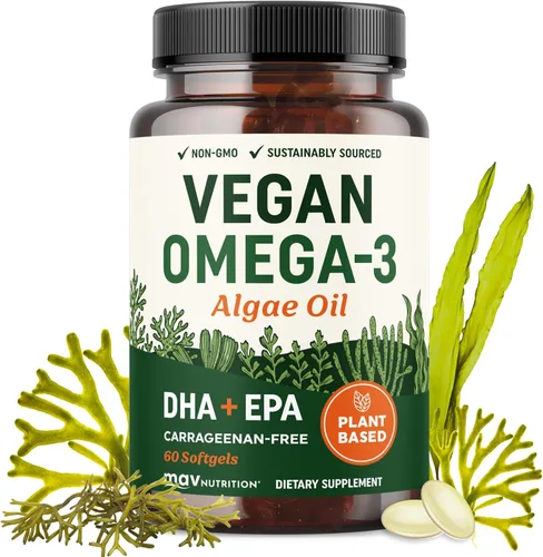 Aceite de Algas Omega 3 Vegano | DHA EPA de Base Vegetal | Obtenido de Manera Sostenible, Sin Carrageenan, Sin GMO | Salud del Corazón, Cerebro y