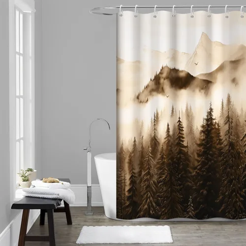 Miniatura 20 de Cortina de ducha pequeña en blanco y negro, juego de cortina de ducha de bosque brumoso para baño, impermeable, decoración de baño de montaña
