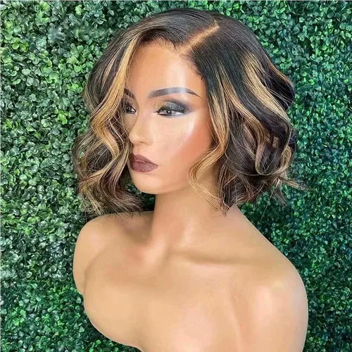 Miniatura 15 de #1B/4/27 - Pelucas de cabello humano corto ondulado en capas con reflejos degradados 13x4 HD transparente con encaje frontal, pelucas de cabello