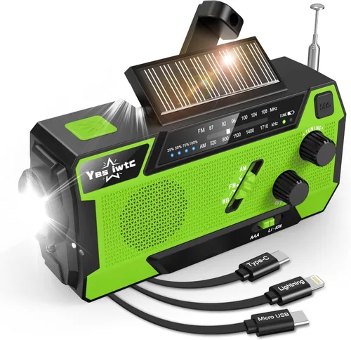 Miniatura 11 de Radio de manivela de emergencia, radio solar de emergencia de manivela manual de 37000 mWh (10000 mAh) Radio meteorológica AM/FM NOAA con pantalla