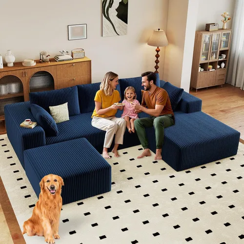 Miniatura 74 de Sofá modular de 95 pulgadas con otomana, moderno sofá nube de pana con asiento profundo, sofá sin hueso tapizado de 3 plazas en forma de U para sala
