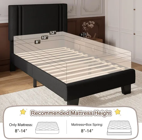 Miniatura 7 de iPormis Marco de cama de plataforma twin con cabecera tapizada de tela y patas engrosadas, base de colchón con soporte de listones de madera maciza