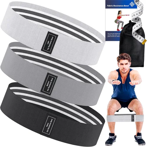 Bandas anchas de resistencia de tela para entrenar | 3 bandas antideslizantes de nivel de fuerza para mujeres y hombres | Viene con una bolsa y Negro