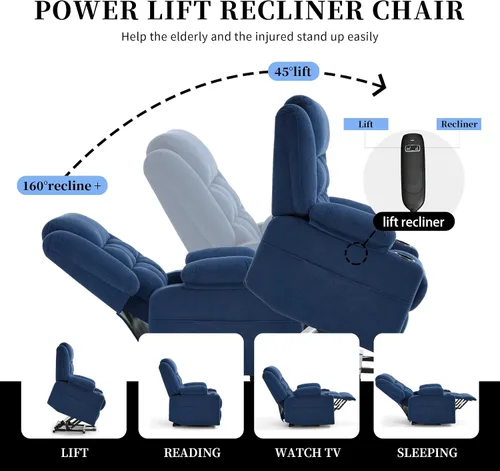 Miniatura 5 de Silla reclinable eléctrica para personas mayores con calor y masaje, sillas reclinables para adultos, reclinables de tela mejorada con puerto de Azul