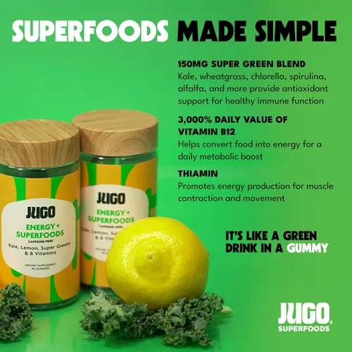 Miniatura 4 de JUGO Energy + SUPERFOODS - Gomitas de vitamina B12 con col rizada y súper verdes, gomitas energéticas sin cafeína, aptas para vegetarianos, sin