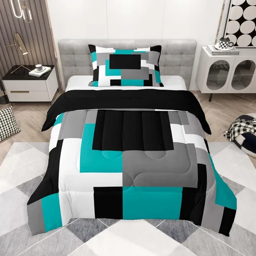 Miniatura 52 de jejeloiu Juego de edredón geométrico para niños, tamaño individual, diseño de rayas de color negro, blanco y gris, juego de ropa de cama decorativo