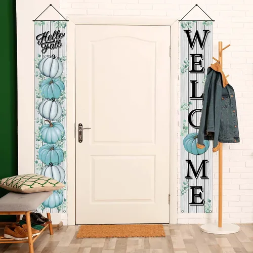 Miniatura 5 de Cartel de otoño de otoño con hojas de eucalipto de calabaza azul, decoración de Acción de Gracias, tablero para colgar en la pared, suministros