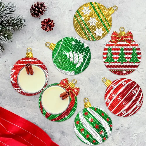 Miniatura 5 de FairySandy 10 piezas de posavasos de pintura de diamante de Navidad Posavasos de arte de diamante de bola de Navidad con soporte Posavasos de bola