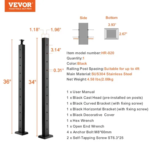 Miniatura 7 de VEVOR Poste de Barandilla de Cable para Escalera y Cubierta 36 x 0.98 x 1.97 pulgadas Poste de Pasamanos de Cable de Acero Inoxidable con Acabado