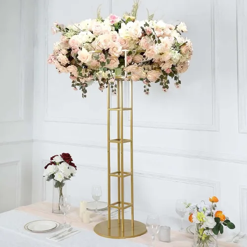 Miniatura 17 de Efavormart - Juego de 2 centros de mesa de 32 pulgadas con marco de metal entrecruzado geométrico dorado, soportes de flores con pedestal de columna