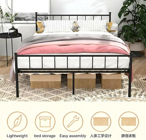 Miniatura 9 de Marco de cama de plataforma de metal, cama de hierro de estilo victoriano con cabecero, marco resistente y listones, almacenamiento debajo