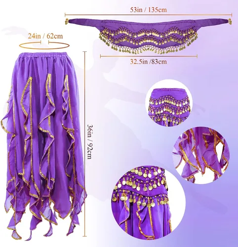 Miniatura 2 de Haysandy Conjunto de 8 piezas de danza del vientre para mujer, falda de danza del vientre, bufanda de cadera, 2 pulseras, aretes, pulsera de tobillo