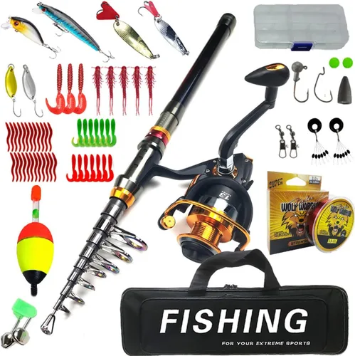 Kit combinado de caña de pescar y carrete con señuelos, flotadores, ganchos y estuche de transporte BD-EK-a-(E)-L