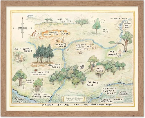 Poster Master Póster de ilustración vintage, impresión de paisaje retro, regalo para bebé, niño, mapa de madera de 100 acres, oso, cerdo, animal,