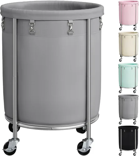 Miniatura 12 de ELYKEN Cesta de lavandería con ruedas, cesta de lavandería rodante de 170L con bolsa extraíble y marco de acero, carrito de lavandería redondo con 4