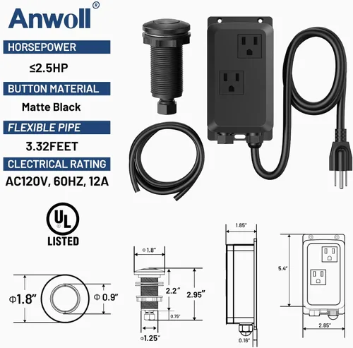 Miniatura 4 de Kit de interruptor de aire para eliminación de basura ANWOLL - Profesional - Doble salida, interruptor de encendido/apagado para desagüe en la parte