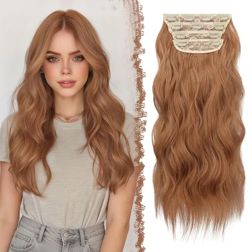 Miniatura 26 de FESHFEN Extensiones de cabello con clip - 4 piezas Extensiones de cabello sintético ondulado largo y grueso con clip para cabeza completa