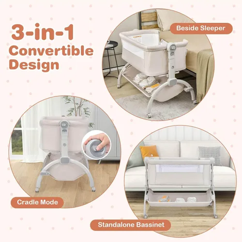 Miniatura 3 de BABY JOY Cuna de bebé, Cuna mecedora 3 en 1 con cesta de almacenamiento, diseño de doble bloqueo, 7 alturas ajustables, colchón suave y bolsa