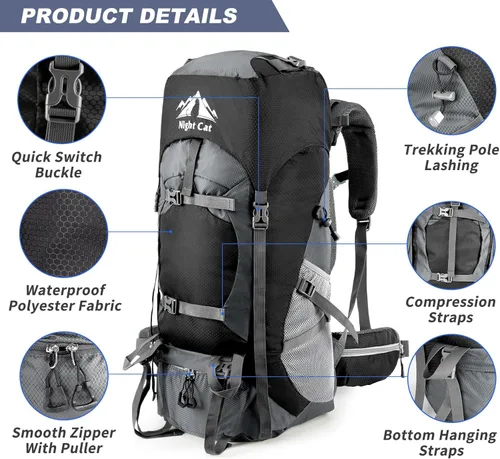 Miniatura 6 de Night Cat Mochilas de Senderismo 70L Mochilas de Camping para Hombres y Mujeres Ligeras al Aire Libre para Montañismo y Viajes, Sin Marco Interno