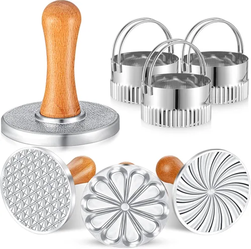 Miniatura 7 de Wenqik 3 piezas de sellos de galletas redondos de metal para prensa de galletas molde con mango de madera para hornear en relieve, suministros