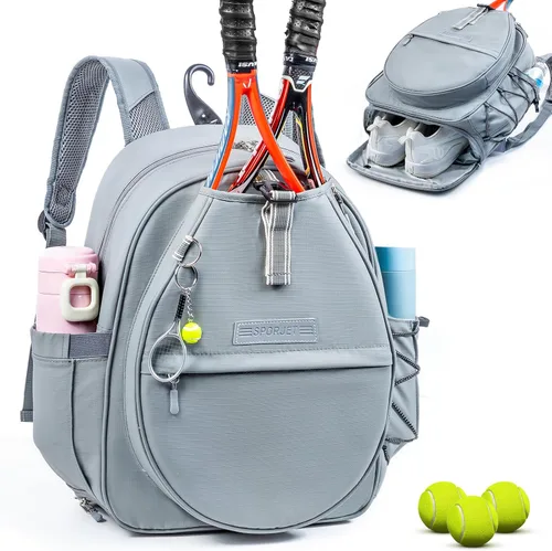 Miniatura 13 de Mochila de Tenis con Soporte para 2 Raquetas, Bolsa de Raqueta de Tenis de Cuero PU Resistente al Agua para Mujeres y Hombres, Mochila Deportiva