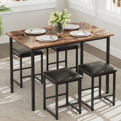 Miniatura 10 de VECELO Mesa y sillas de cocina para 4, juego de comedor con sillas/taburetes de poliuretano, marco de metal resistente, mesa de madera, diseño que