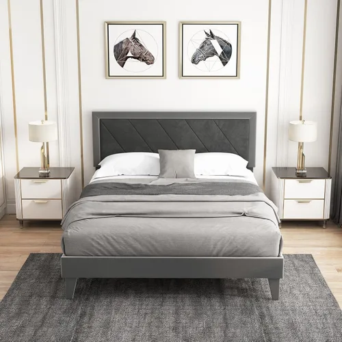 Giantex Base de cama de terciopelo tamaño Queen con cabecero, moderna plataforma tapizada, base de colchón con 12 listones de madera fuertes, no