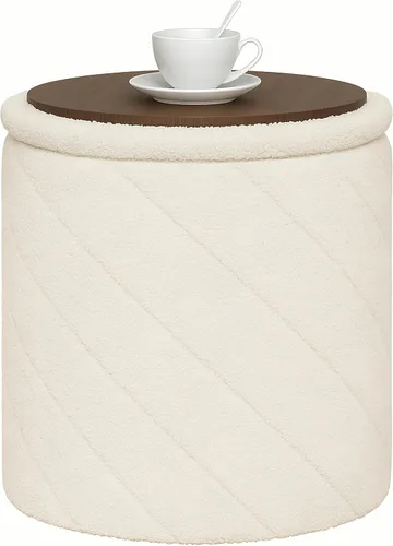 B FSOBEIIALEO Otomana con almacenamiento, otomana redonda de bouclé con bandeja, taburete reposapiés para dormitorio, sala de estar blanca, Blanco