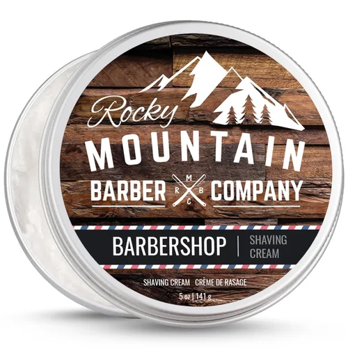 Rocky Mountain Barber Company - Crema de afeitar para hombre, aroma de barbería, espuma gruesa para afeitado tradicional y con cartucho, lata de 5