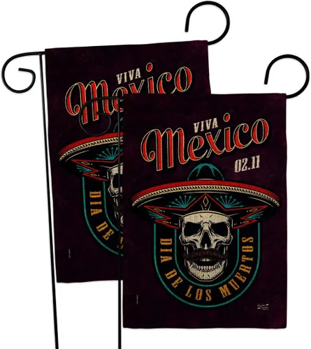 Viva Mexico Burlap Garden Flags 2pcs Pack Falltime Day of Dead Dia De Los Muertos Fiesta Mexican Party Autumntime Small Decorative Gift Yard House