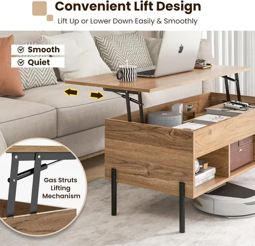 Miniatura 5 de GOFLAME Mesa de centro elevable con almacenamiento, mesa de centro cuadrada con compartimento oculto, 3 estantes de almacenamiento, mesa central