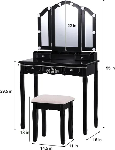 Miniatura 6 de BLEXA Juego de mesa de maquillaje de escritorio y taburete, tocador con luces y espejo con 5 cajones, 3 ajustes de luz de brillo ajustable