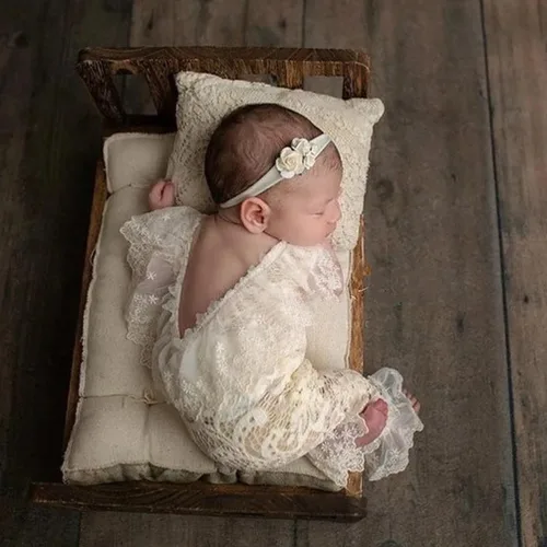 Miniatura 5 de Traje de fotografía para bebé, traje de encaje para recién nacido, sesión de fotos, diadema de flores, disfraz de princesa beige a