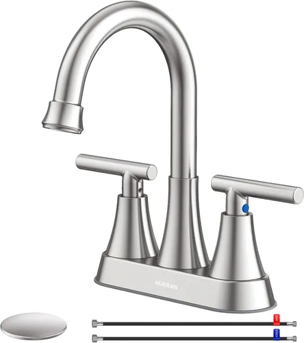 Grifos de Baño para Lavabo de 3 Orificios, Hurran Grifo de Lavabo de Baño de Níquel Cepillado de 4 Pulgadas con Desagüe Pop-up y Líneas de