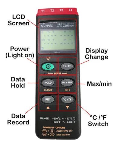 Miniatura 2 de TECPEL DTM-319 Termómetro de registrador de datos de termopar tipo K de cuatro canales fabricado en Taiwán (TPK-01 4 piezas incluidas)