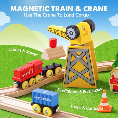 Miniatura 3 de Tiny Land 55 piezas de juego de tren de madera - Compatible con pistas de marcas principales, juguete educativo para niños de 3 a 7 años, duraderos