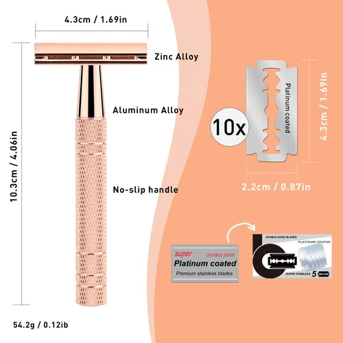 Miniatura 9 de Maquinilla de afeitar de seguridad de doble filo de oro rosa para mujer, maquinilla de afeitar de una sola hoja con 10 cuchillas recubiertas
