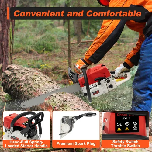Miniatura 6 de Motosierras alimentadas por gasolina de 2 tiempos de 52 cc, motosierra de mano a gas de 22 pulgadas para cosecha forestal, corte de poda de madera