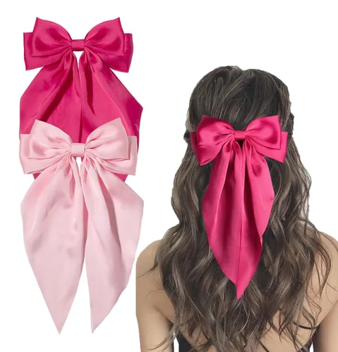 Miniatura 14 de Furling Pompoms Pinza para el Cabello Lazos para el Cabello, 2 piezas Lazos Grandes de Satén Beige/Negro para Mujeres y Niñas, Pasadores