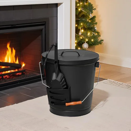 Miniatura 2 de F2C Cubo de cenizas grande de 5.5 galones con tapa y pala, juego de herramientas para chimenea, cubo de metal galvanizado para carbón y cenizas