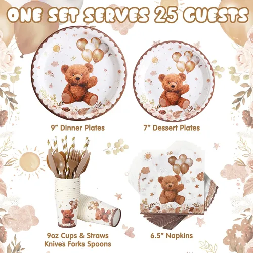 Miniatura 2 de Bokon 200 piezas de decoración de oso para baby shower para 25 invitados, platos de papel para baby shower, juegos de servilletas, suministros