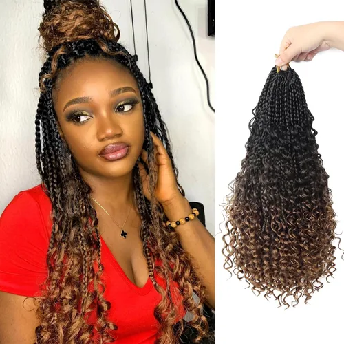 Goddess Box Braids - Trenzas de cabello a ganchillo con extremos rizados, trenzas de caja bohemianas de 16 pulgadas, trenzas de ganchillo, 8 1B-4-30