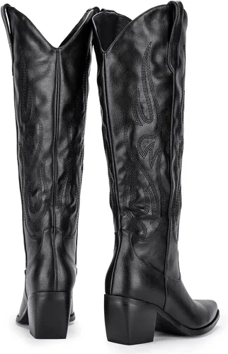 Miniatura 6 de Pasuot Botas vaqueras occidentales para mujer, botas vaqueras negras hasta la rodilla, pantorrilla ancha con bordado occidental, puntera puntiaguda