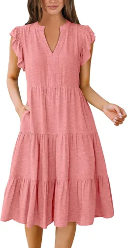 Miniatura 17 de ANRABESS Vestido de verano para mujer, manga con volantes, cuello en V, vestido midi a la moda, casual, holgado, escalonado, bohemio, playa