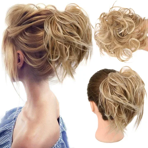 Miniatura 23 de HMD - Extensiones de cabello tipo chongo alborotado con rodelo despeinado, banda elástica de goma, extensiones de cabello sintético para mujer